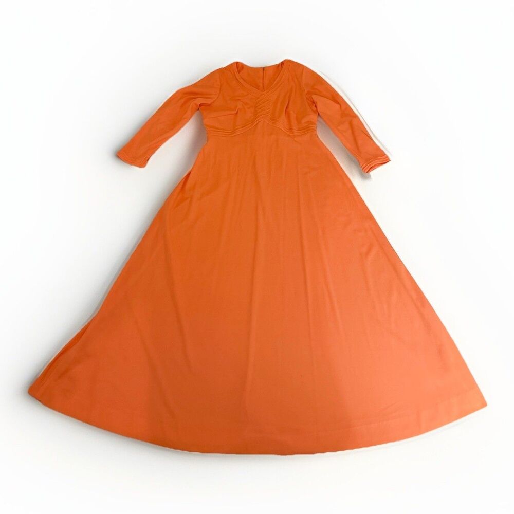 Vintage Lady Laura Toni Todd Neon Orange 70s Maxi Dress L/S - Picture 2 of 16